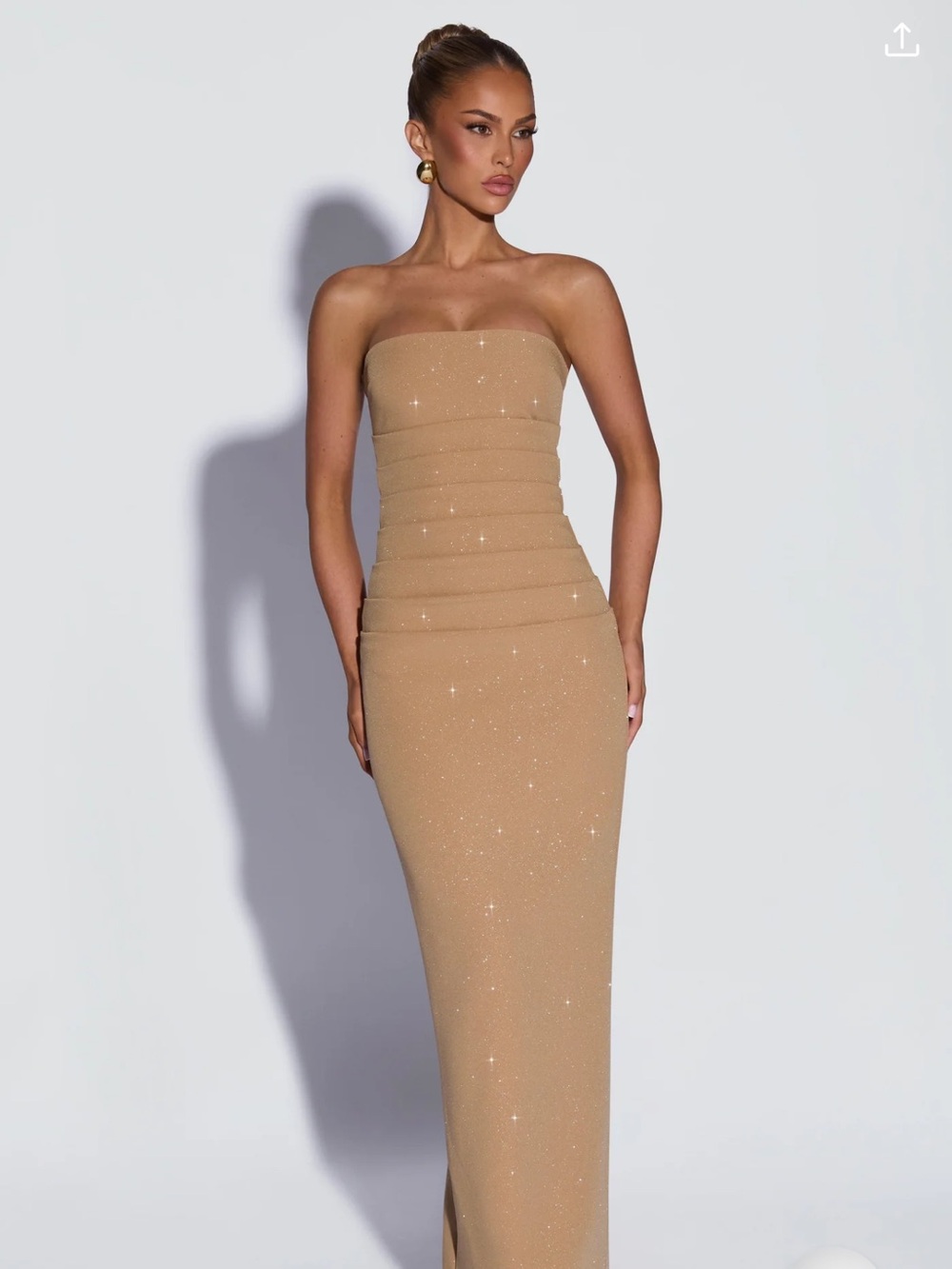 Strapless Sparkle Column Dress in Beige